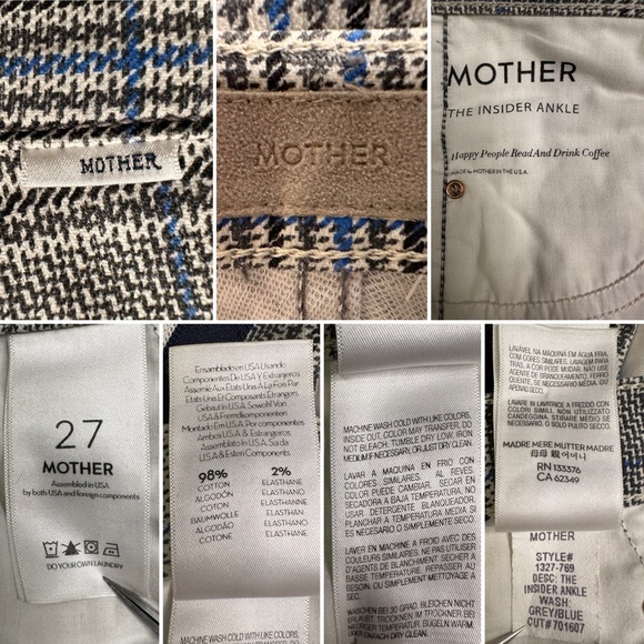 Mother “The Insider Ankle” Plaid Pants Grey/Blue Check Side Stripes Size 27 - Picture 4 of 9